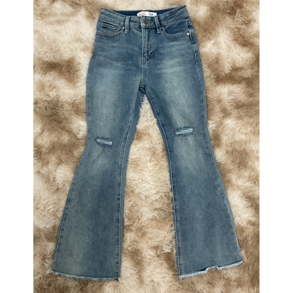 YMI Girls Taylor Flare Fit Distressed Raw Hem Jeans Medium Wash Blue Size 10
